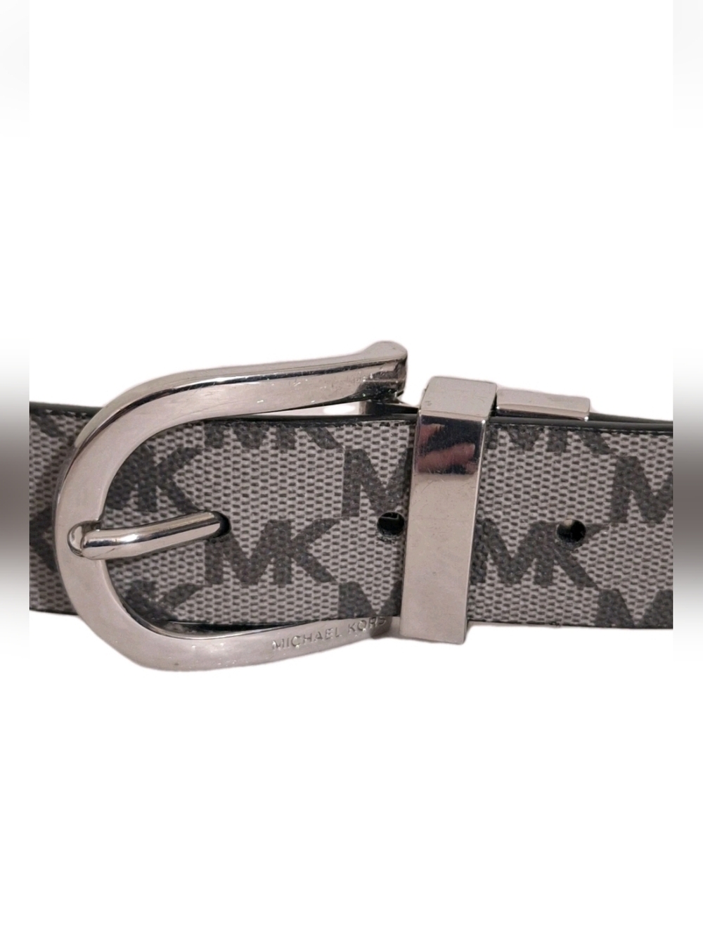 Michael Kors Leather L/XL Women's Twist Reversible Black Gray Belt Buckle Logo